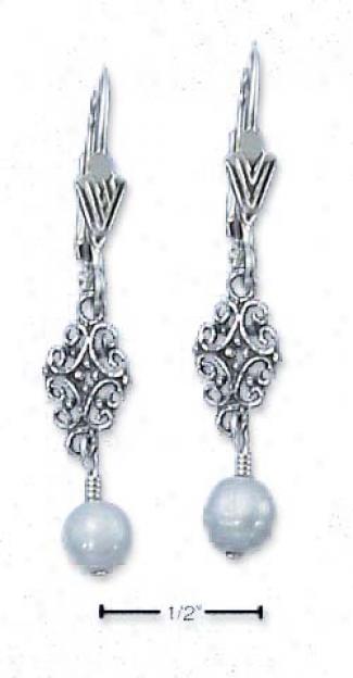 Genuine Silver Scrolled Design Fw Pearl Dangle Earrings