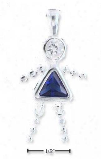 Sterling Silver September Bead Girl Charm With Dark Blue Cz