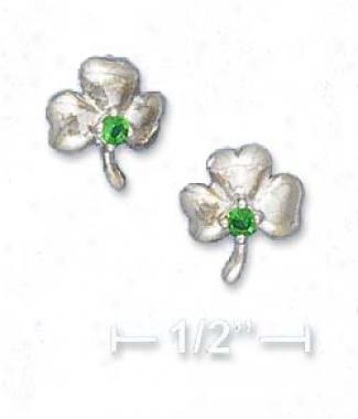Sterling Silver Shamrock Emerald-green Glass Post Earrings