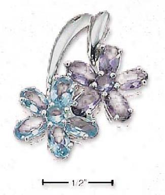 Genuine Silver Glide Pendant Purple And Blue Cz Flowers