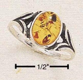 Sterling Silver Small Antique Oval Amber Cabochon Ring