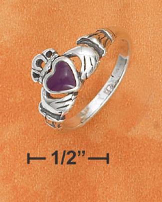 Sterling Silver Shallow Antiqued Claddaugh Ring Sugilite Heart