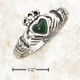 Sterling Silver Small Claddaugh Ring With Malachite Heart