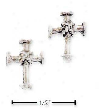 Sterling Silver Small Cross With Center Rope Post Earrihgs