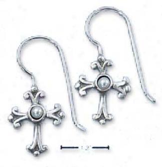 Sterling Silver Small Cross With Pearl Center Earrings