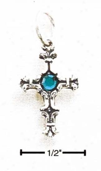Sterling Silver Small Cross With Teal German Crystal
