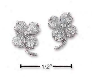 Genuine Silver Small Cz Four Leaf Clover Stigmatize  Earrings