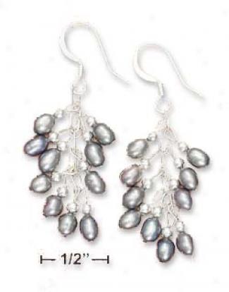 Sterling Silver Small Gray Fq Pearl Cluster Earrings