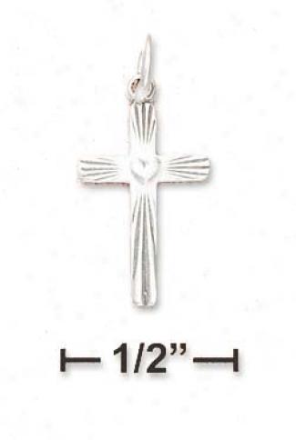 Genuine Silver Small Sunburst Textured Cross Heart Charm