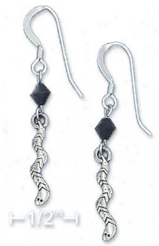Sterling Silver Snake Earrings With Black Swarovski Xtal