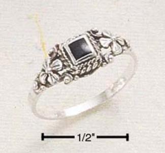 Sterling Silver Square Onyx Ring With Side Flowers