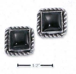 Sterling Silver Square Roped Edge Onyx Post Earringe