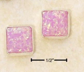 Sterling Silver Square Synthetjc Pink Opal Post Earrings