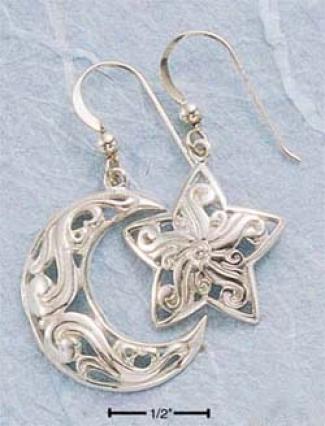 Sterling Sil\/er Star Crescent Moon Filigree Earrings