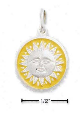 Sterling Silver Sun Disk With Yellow Enamel Edge Charm
