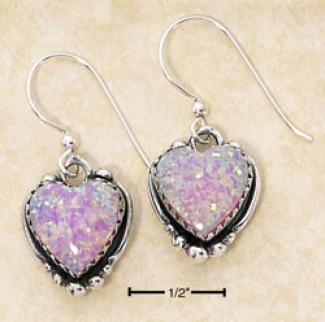 Sterling Silver Synthetic Pink Opal Heart Dangle Earrings