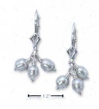 Sterling Silver Tri Pearl Drop Lever Back Earrings