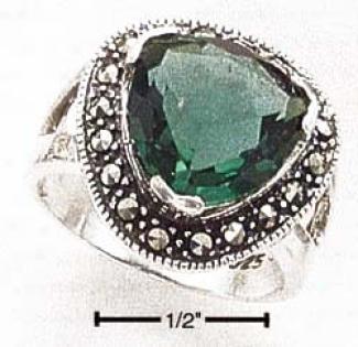 Sterling Silver Triangle Green Quartz Marcasite Ring