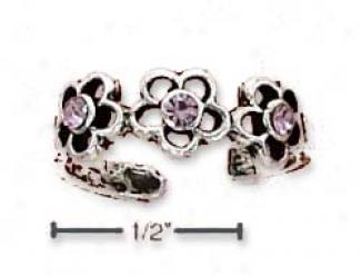 Sterlig Silver Triple Daisy With 3 Pink Crystals Toe Ring