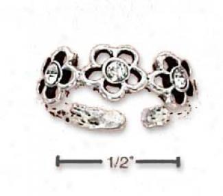 Sterling Silvery Triple Daisy With 3 Clear Crystals Toe Ring