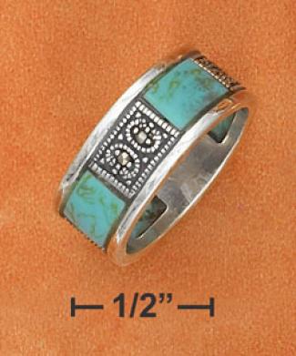 Sterling Silver Turquoise And Marcasite With 8mm Band Ring