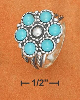 Sterling Silver Turquoise Flower Centet With Design Ring