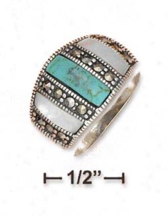 Sterling Silver Turquoise Mop Marcasite Split Sides Ring