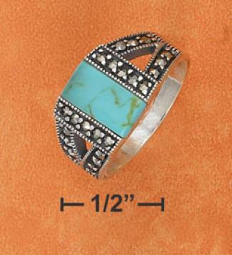 Sterling Silver Turquoise With Marcasite Sides Design Ring