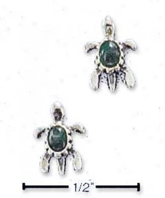 Genuine Silver Turtle WithM allachite Post Earrings