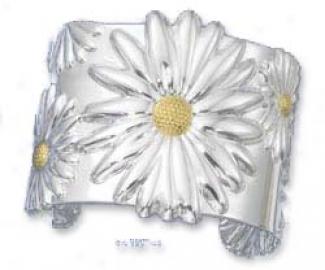 Steeling Silver Two-tone 2 Inch Spacious Daisy Cuff