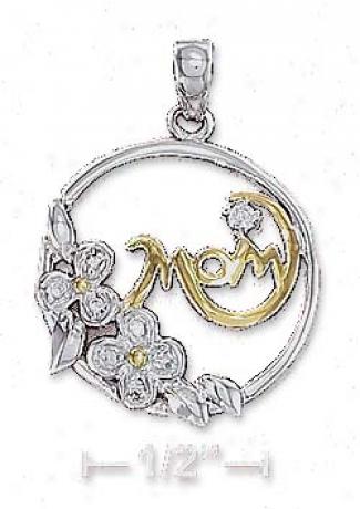 Stetling Silver Two-tone 20mm Round Mom Cz Flowers Pendant