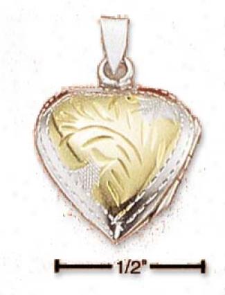 Sterling Silver Two-tone Small Etched Heart Locket Pendant