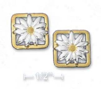 Sterling Silver Two-tone Square Daisy Mail Earrings
