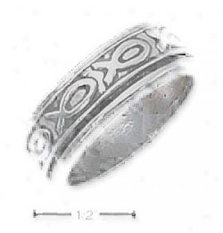 Sterling Silver Unisex Antiqued Rake Spinner Band Ring