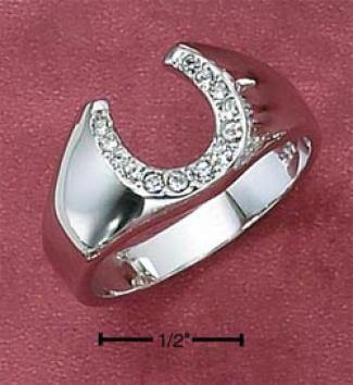 Sterling Silver Unisex Cz Horseshoe Ring With Tapered Shank