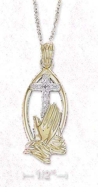 Sterling Silver Vermeil 18 Inch Praying Hands Cross Necklace
