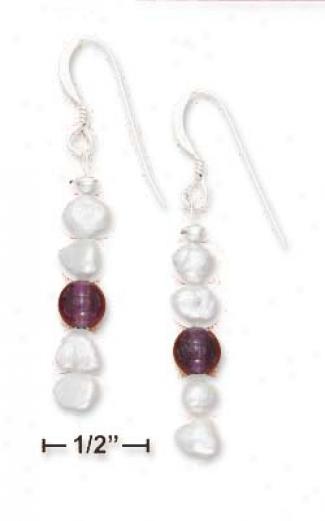 Sterling Silver White Fw Pearl Ametyhst Bead Drop Earrings