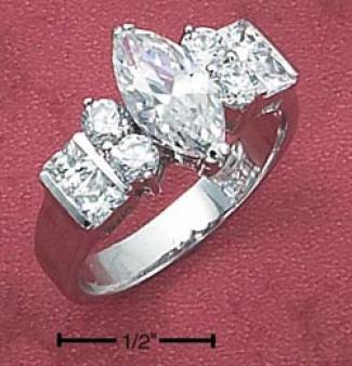 Sterling Silver Womens 6x12 Marquise Cz Ring Side Stones