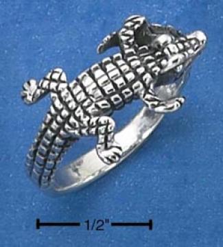 Sterling Silver Womens Antiqued Alligator Holding Tail Ring