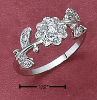 Genuine Silver Womens Cz Flower Ring With Lraves