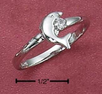 Sterling Silver Womens Small Jumping Dolphin Ring With Cz