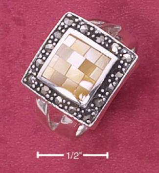 Sterling Silver Yellow Mop Mosaic Ring With Marcasite Border